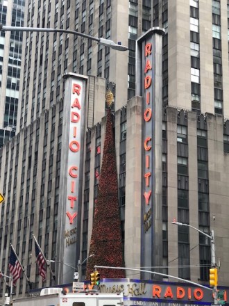 Image of the outside of Radio City Music Hall signs.