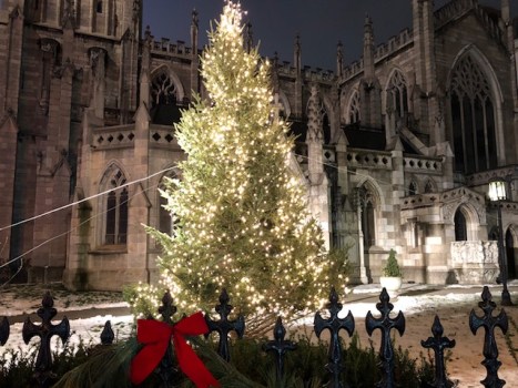 Image of a Christmas tree in front of Grace Church.