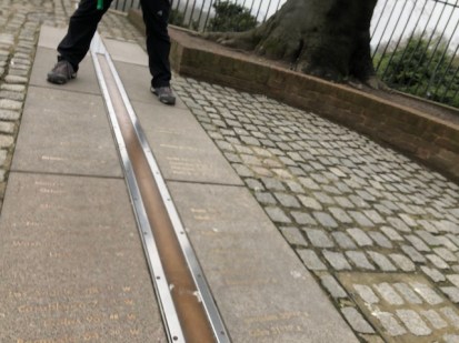 Image of feet straddling the Prime Meridian