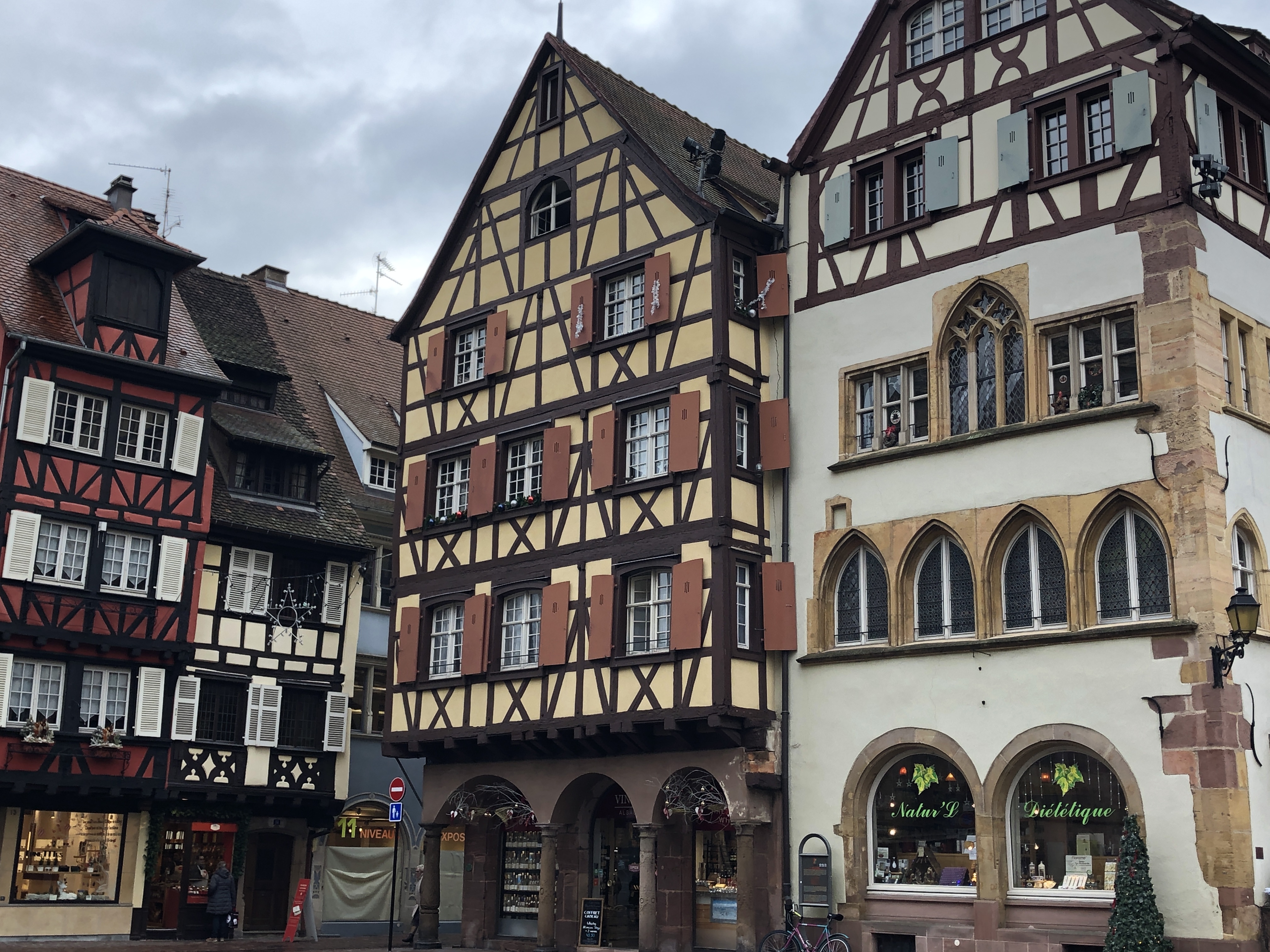 Image of half-timbered buildings in the Alsace Region of France.