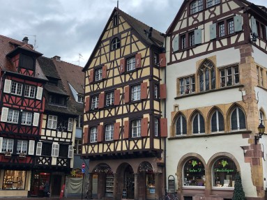 Image of half-timbered buildings in the Alsace Region of France.