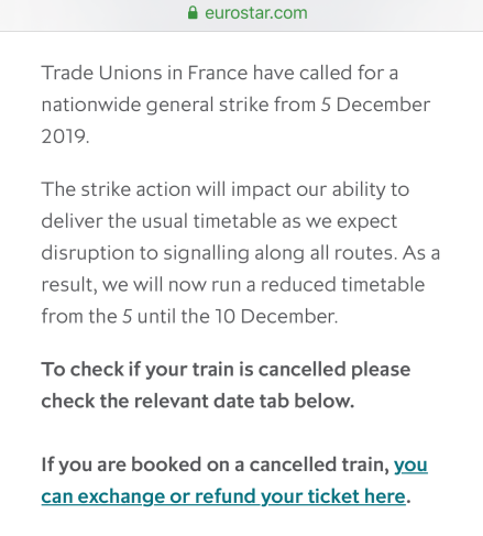 Image of text of strike warning from Eurostar